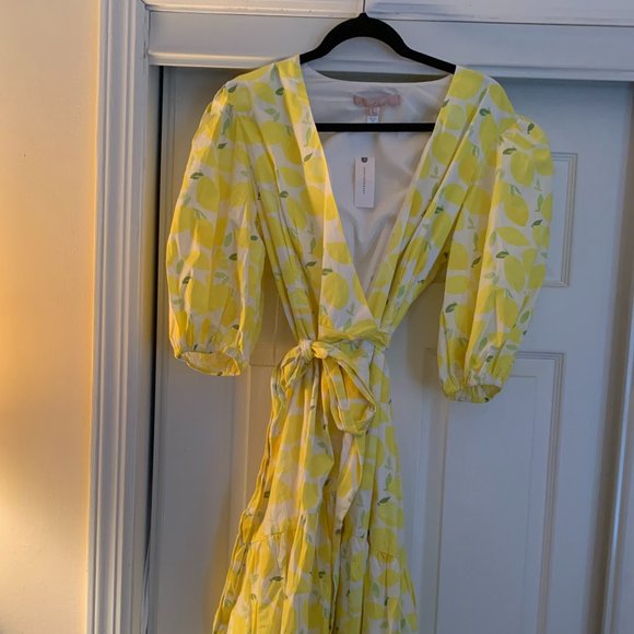 Anthro/Hutch V-Neck Tiered Wrap Midi Dress Size Large Lemon Citrus NWT - Picture 8 of 11